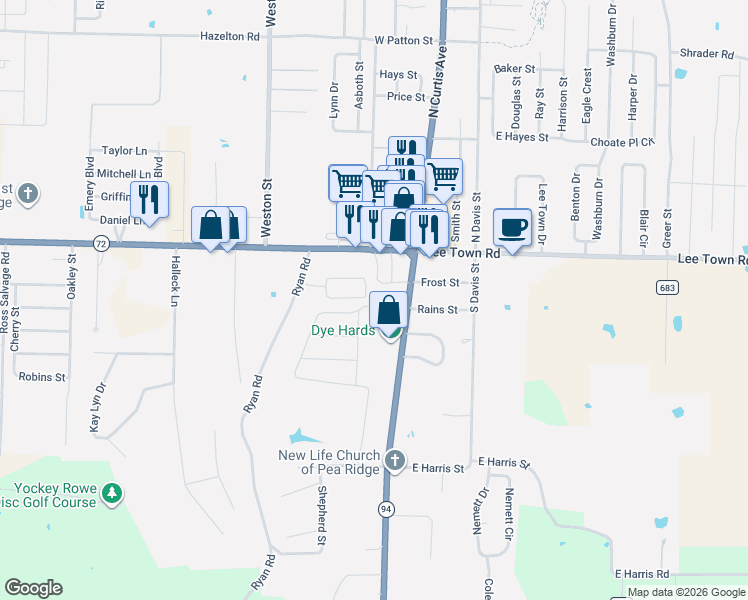 map of restaurants, bars, coffee shops, grocery stores, and more near 194 Hall Drive in Pea Ridge