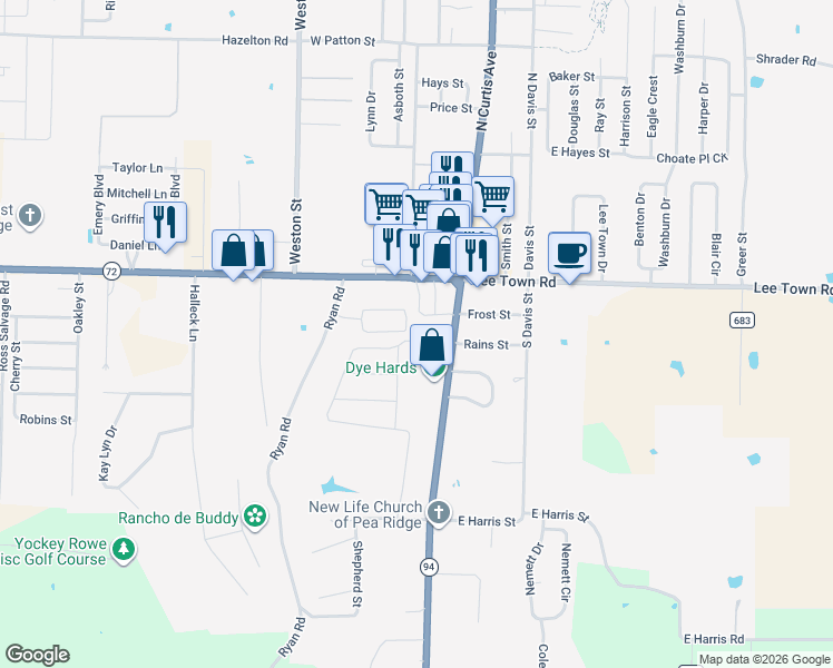 map of restaurants, bars, coffee shops, grocery stores, and more near 293 South Curtis Avenue in Pea Ridge