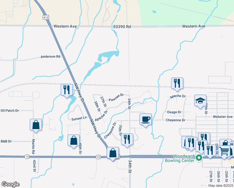 map of restaurants, bars, coffee shops, grocery stores, and more near 604 Pawnee Circle in Woodward