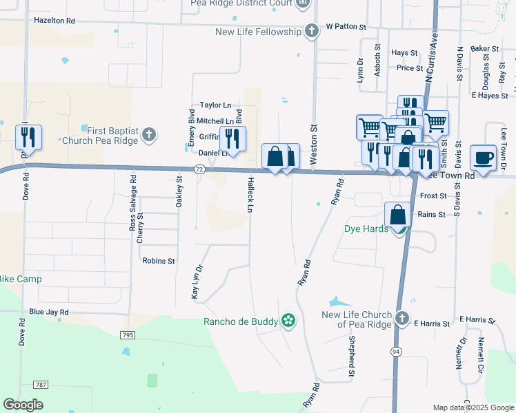 map of restaurants, bars, coffee shops, grocery stores, and more near 290 Halleck Lane in Pea Ridge