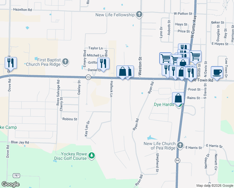 map of restaurants, bars, coffee shops, grocery stores, and more near 290 Halleck Lane in Pea Ridge