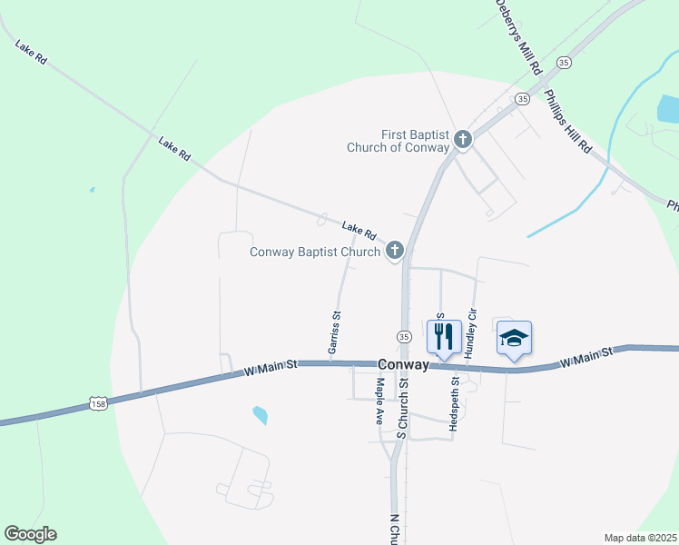 map of restaurants, bars, coffee shops, grocery stores, and more near 213 Garriss Street in Conway