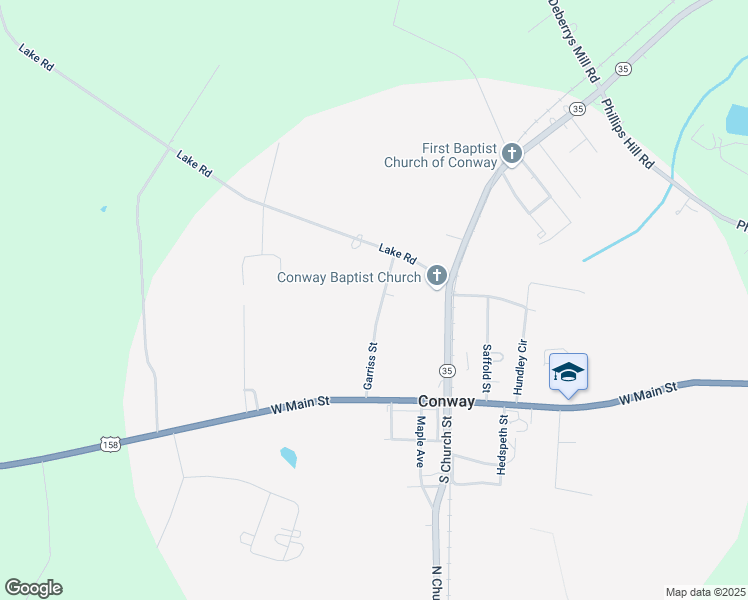 map of restaurants, bars, coffee shops, grocery stores, and more near 213 Garriss Street in Conway