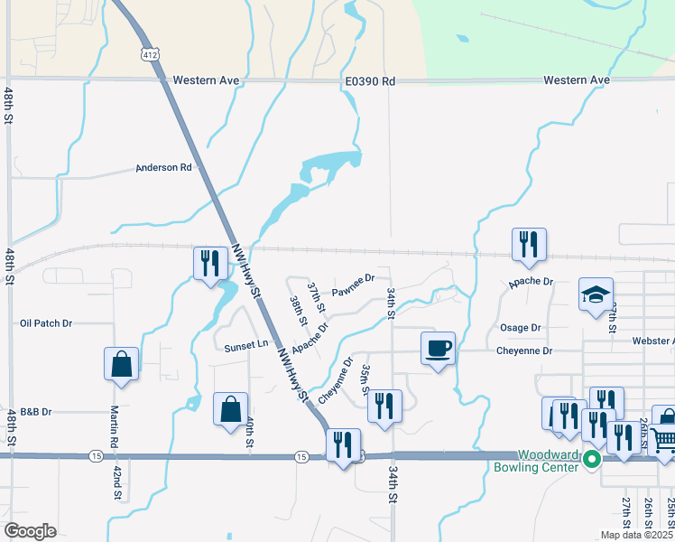 map of restaurants, bars, coffee shops, grocery stores, and more near 604 Pawnee Circle in Woodward