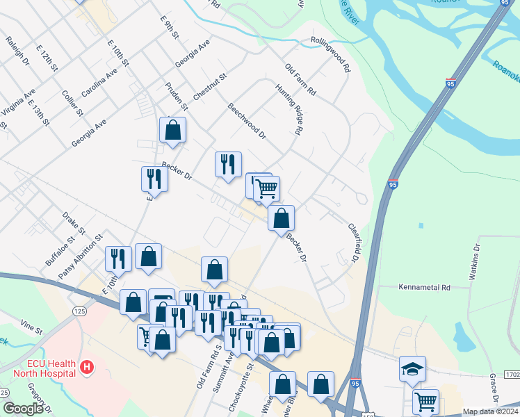 map of restaurants, bars, coffee shops, grocery stores, and more near 414 Becker Drive in Roanoke Rapids