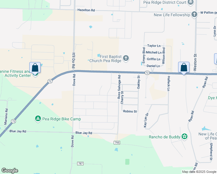 map of restaurants, bars, coffee shops, grocery stores, and more near 203 Crawford Street in Pea Ridge