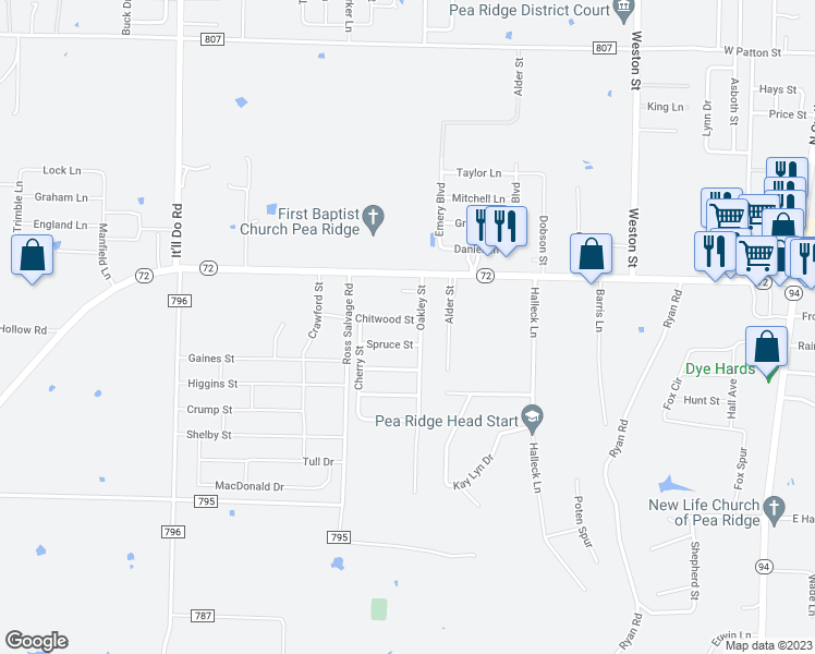 map of restaurants, bars, coffee shops, grocery stores, and more near 1303 Chitwood Street in Pea Ridge