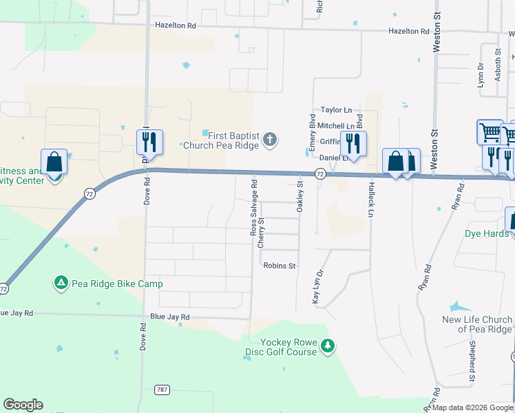 map of restaurants, bars, coffee shops, grocery stores, and more near 201 Cherry Street in Pea Ridge