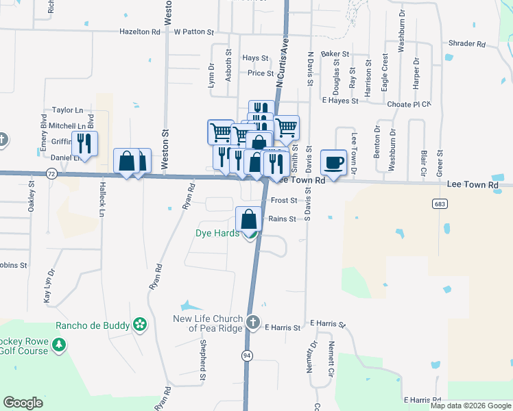 map of restaurants, bars, coffee shops, grocery stores, and more near 293 South Curtis Avenue in Pea Ridge