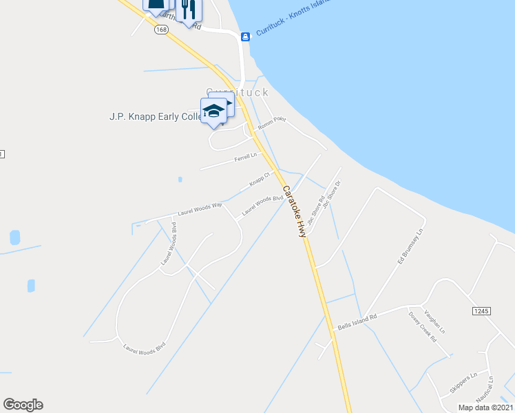 map of restaurants, bars, coffee shops, grocery stores, and more near 114 Laurel Woods Boulevard in Currituck