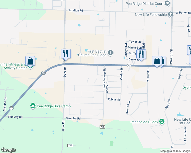 map of restaurants, bars, coffee shops, grocery stores, and more near 203 Crawford Street in Pea Ridge