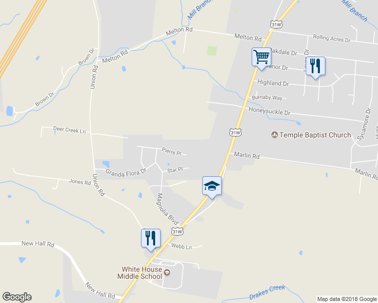 map of restaurants, bars, coffee shops, grocery stores, and more near 147 Pierre Place in White House