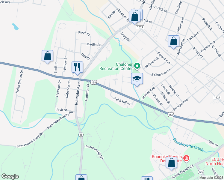 map of restaurants, bars, coffee shops, grocery stores, and more near 301 East Littleton Road in Roanoke Rapids