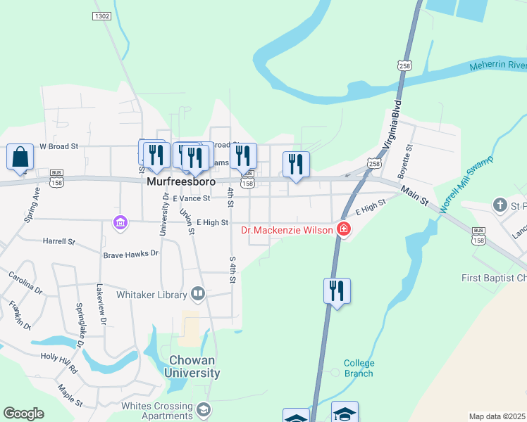 map of restaurants, bars, coffee shops, grocery stores, and more near 606 East Vance Street in Murfreesboro