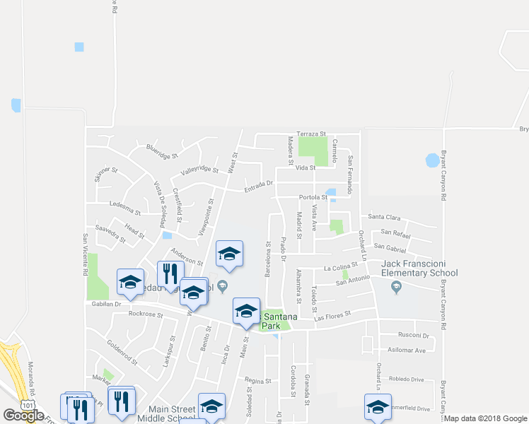 map of restaurants, bars, coffee shops, grocery stores, and more near 1137 Barcelona Street in Soledad
