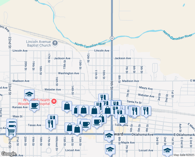 map of restaurants, bars, coffee shops, grocery stores, and more near 618 11th Street in Woodward