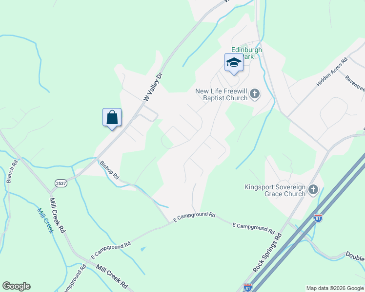 map of restaurants, bars, coffee shops, grocery stores, and more near 2364 Rock Springs Road in Kingsport