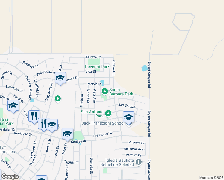 map of restaurants, bars, coffee shops, grocery stores, and more near 646 San Luis Rey in Soledad