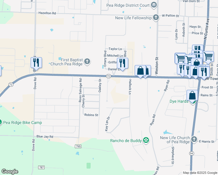 map of restaurants, bars, coffee shops, grocery stores, and more near 116 Alder Street in Pea Ridge