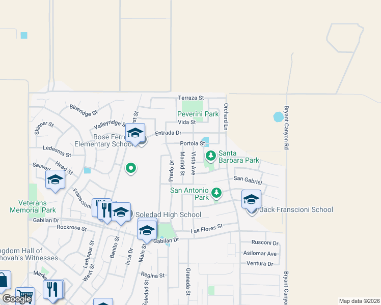 map of restaurants, bars, coffee shops, grocery stores, and more near 1141 Vista Avenue in Soledad