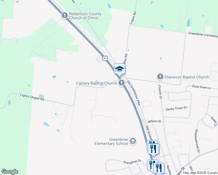 map of restaurants, bars, coffee shops, grocery stores, and more near 3173 Lights Chapel Road in Greenbrier
