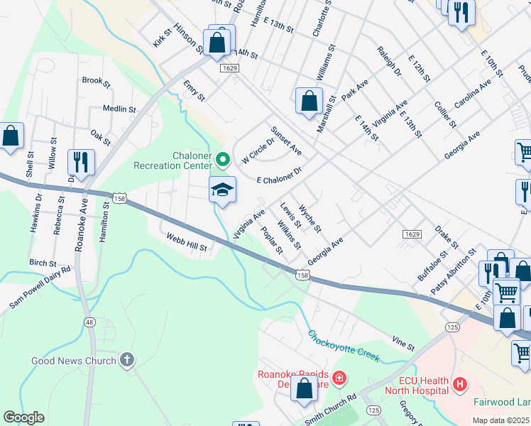 map of restaurants, bars, coffee shops, grocery stores, and more near 2034 Virginia Avenue in Roanoke Rapids