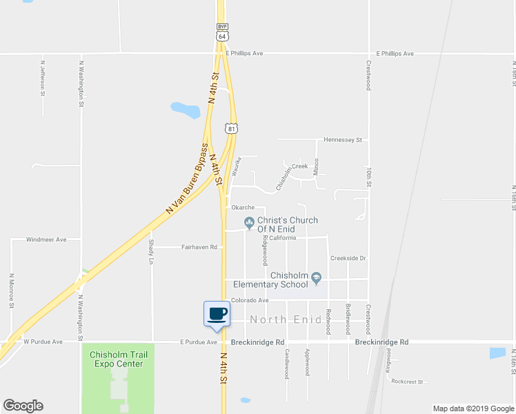 map of restaurants, bars, coffee shops, grocery stores, and more near 415 Okarche in Enid