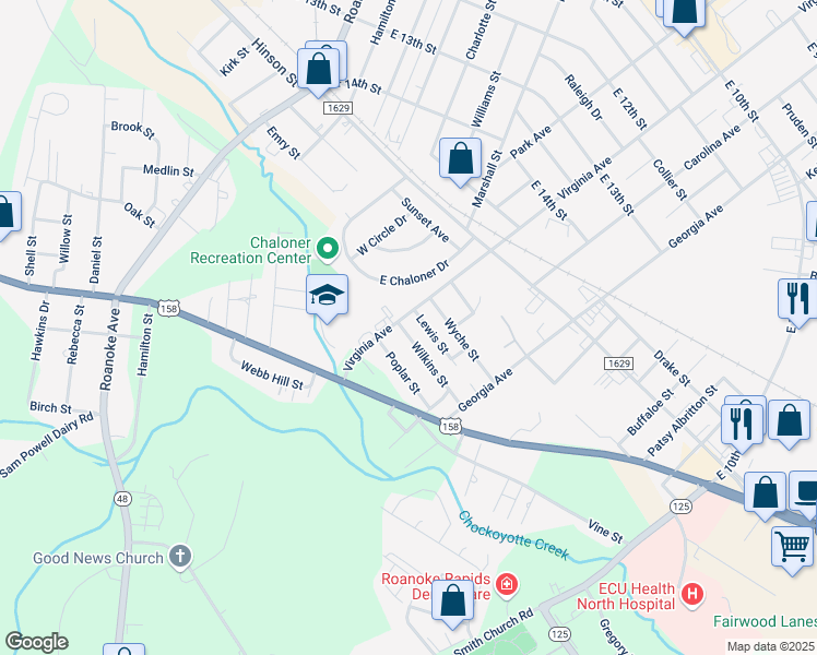 map of restaurants, bars, coffee shops, grocery stores, and more near 2034 Virginia Avenue in Roanoke Rapids