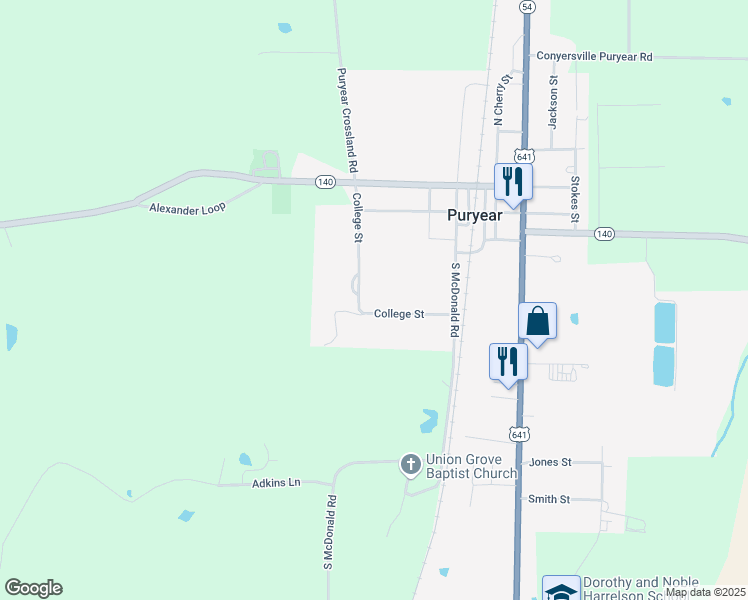 map of restaurants, bars, coffee shops, grocery stores, and more near 220 College Street in Puryear