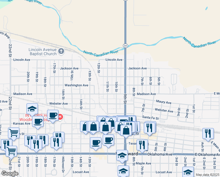map of restaurants, bars, coffee shops, grocery stores, and more near 618 11th Street in Woodward