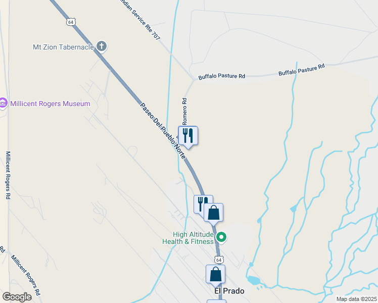 map of restaurants, bars, coffee shops, grocery stores, and more near 1405 Paseo Del Pueblo Norte in El Prado