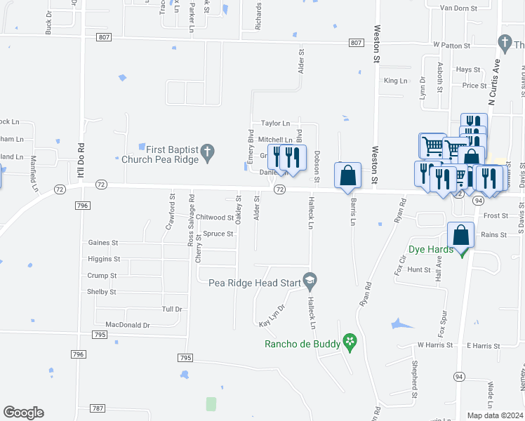 map of restaurants, bars, coffee shops, grocery stores, and more near 204 Alder Street in Pea Ridge