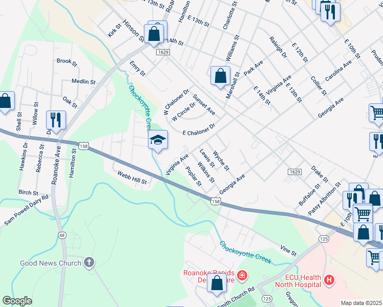 map of restaurants, bars, coffee shops, grocery stores, and more near 117 Wilkins Street in Roanoke Rapids