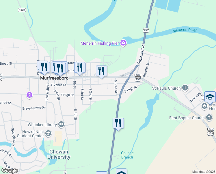 map of restaurants, bars, coffee shops, grocery stores, and more near 908 East Vance Street in Murfreesboro