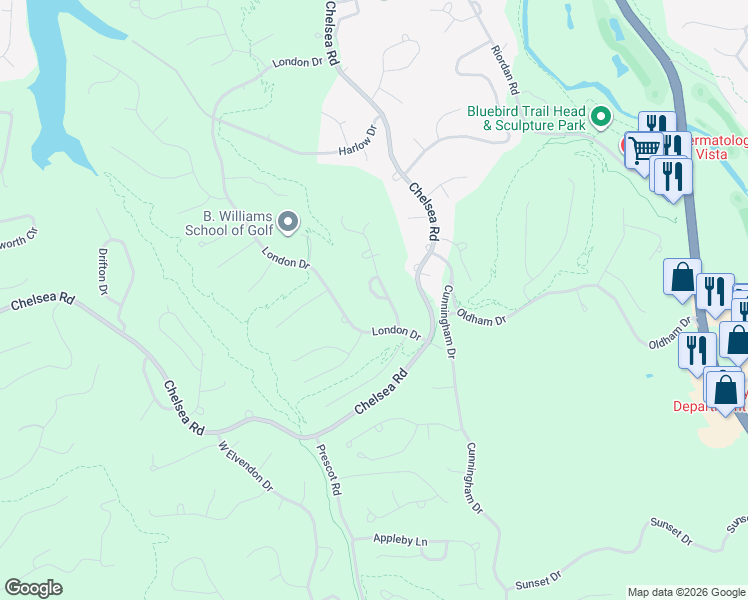 map of restaurants, bars, coffee shops, grocery stores, and more near 5 Runnymede Circle in Bella Vista