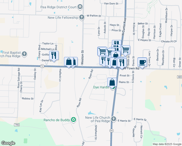 map of restaurants, bars, coffee shops, grocery stores, and more near 191 Ryan Road in Pea Ridge
