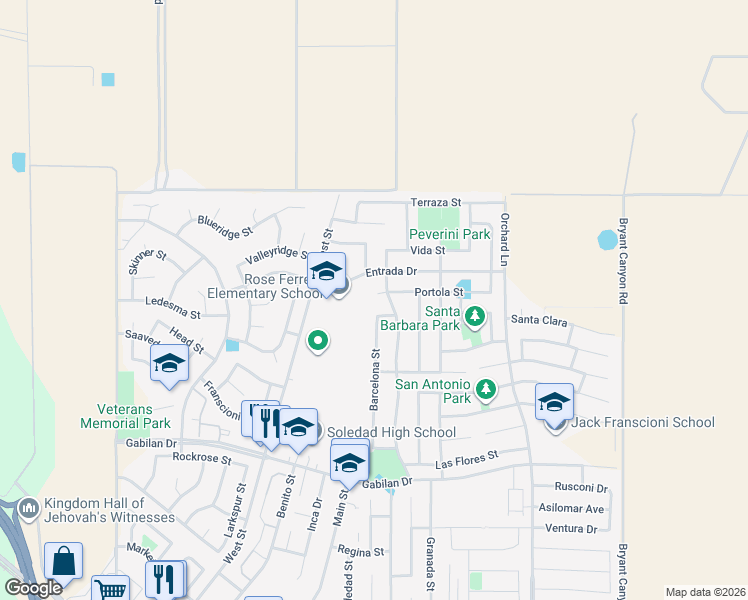 map of restaurants, bars, coffee shops, grocery stores, and more near 1137 Barcelona Street in Soledad