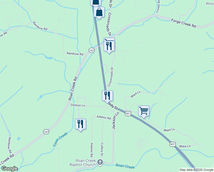 map of restaurants, bars, coffee shops, grocery stores, and more near 2591 South Shady Street in Mountain City