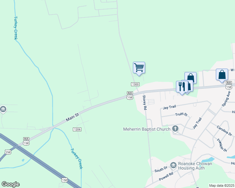 map of restaurants, bars, coffee shops, grocery stores, and more near 128 U.S Highway 158 West in Gates