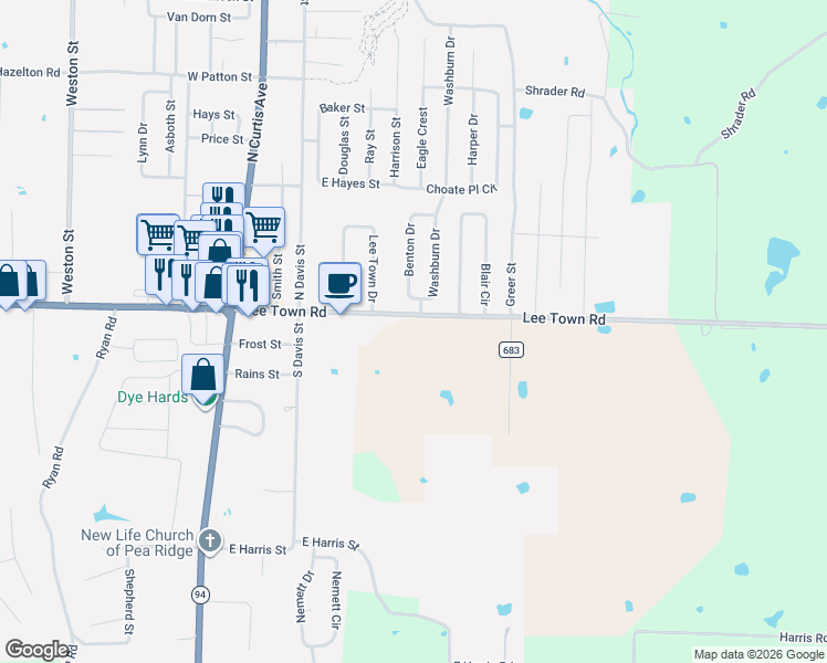 map of restaurants, bars, coffee shops, grocery stores, and more near 709 Lee Town Road in Pea Ridge