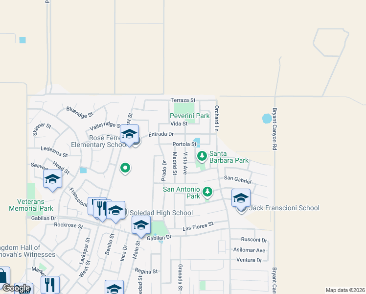 map of restaurants, bars, coffee shops, grocery stores, and more near 1141 Vista Avenue in Soledad