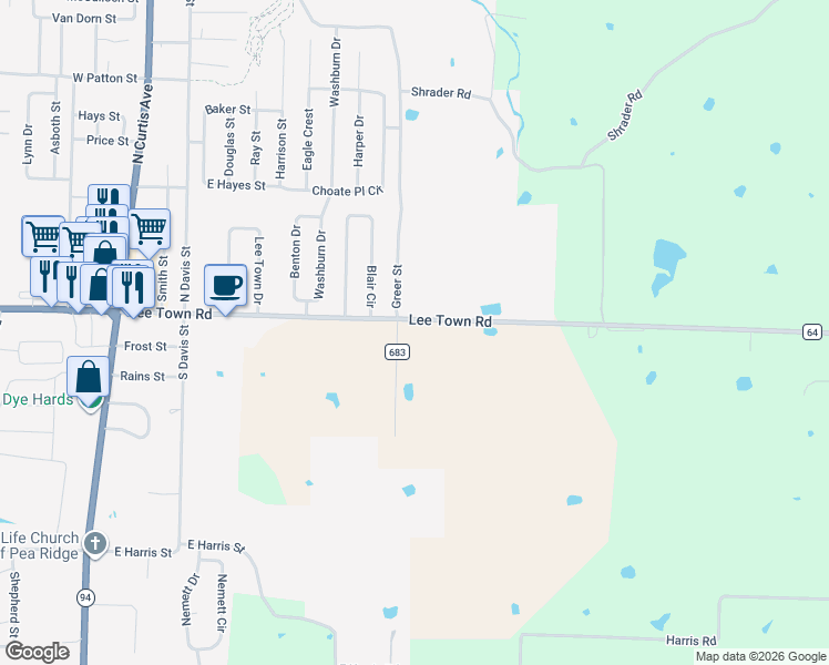 map of restaurants, bars, coffee shops, grocery stores, and more near 12537 Lee Town Road in Pea Ridge