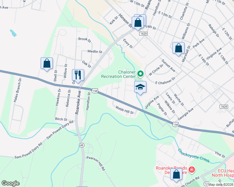map of restaurants, bars, coffee shops, grocery stores, and more near 301-303 East Littleton Road in Roanoke Rapids
