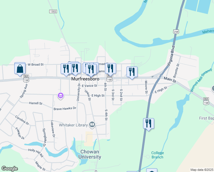 map of restaurants, bars, coffee shops, grocery stores, and more near 201 4th Street in Murfreesboro