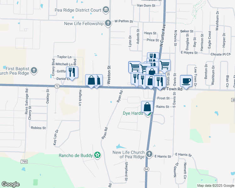 map of restaurants, bars, coffee shops, grocery stores, and more near 191 Ryan Road in Pea Ridge