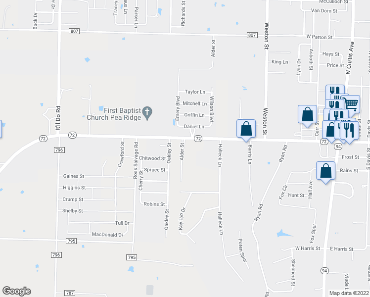 map of restaurants, bars, coffee shops, grocery stores, and more near 106 Alder Street in Pea Ridge
