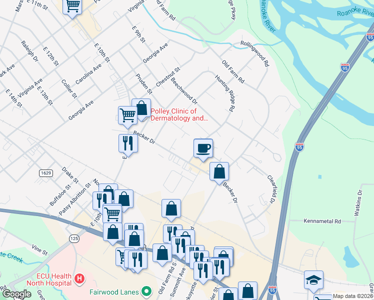 map of restaurants, bars, coffee shops, grocery stores, and more near 114 Hunting Ridge Road in Roanoke Rapids