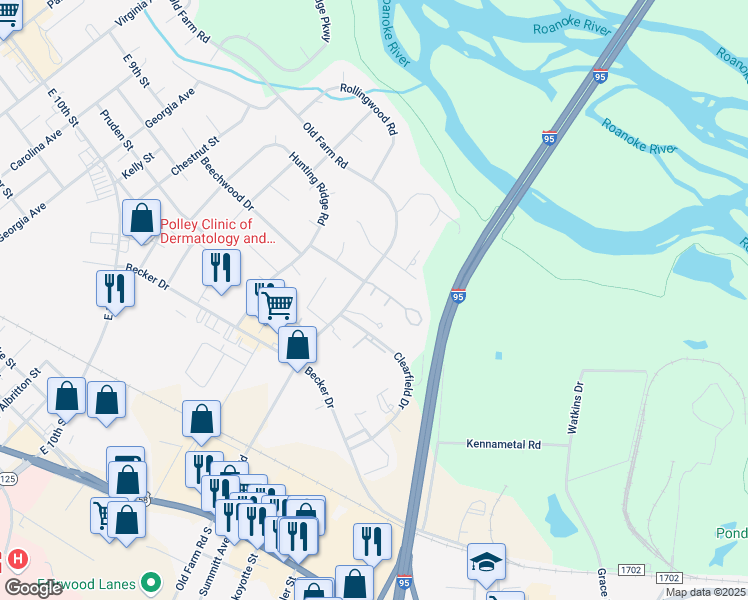map of restaurants, bars, coffee shops, grocery stores, and more near 201 Old Farm Road in Roanoke Rapids