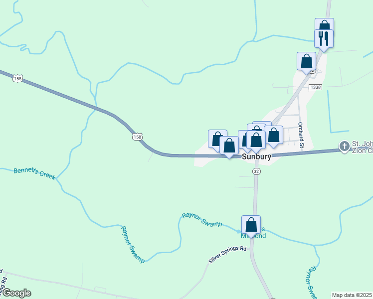 map of restaurants, bars, coffee shops, grocery stores, and more near 950 U.S. 158 in Sunbury