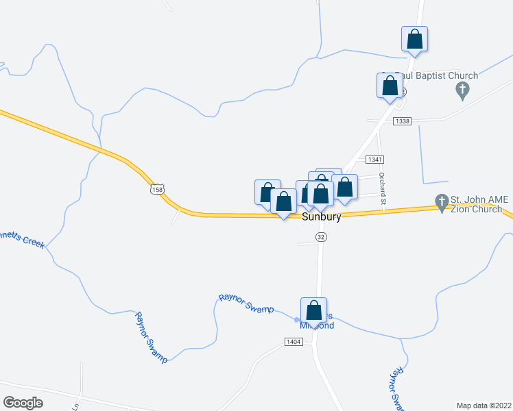 map of restaurants, bars, coffee shops, grocery stores, and more near 980 U.S. 158 in Corapeake